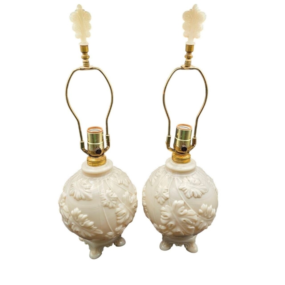 Vintage PAIR Aladdin Alacite Glass Table Lamps Embossed Oak Leaf 1930s Art Deco